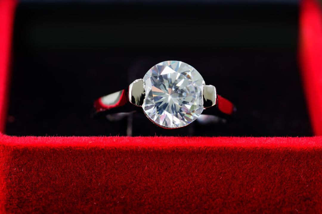 Finding the best product to promote. Close up diamond ring in red jewel box