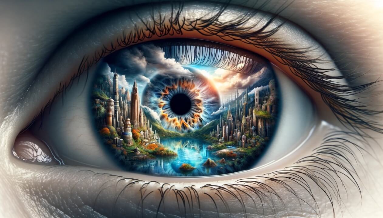 The Unleashing Creativity image features a detailed depiction of a human eye, capturing a vibrant and intricate world within its reflection. This artistic representation invites viewers to explore the depth and stories that lie within the eye's gaze.