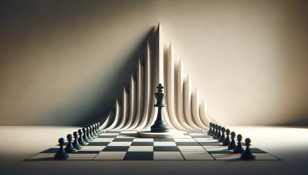 Crafting strategies to deal with potential threats swiftly and decisively, featuring a chessboard with a strategically positioned chess piece. This visual representation captures the essence of calmness, control, and strategic dominance in a minimalistic design.