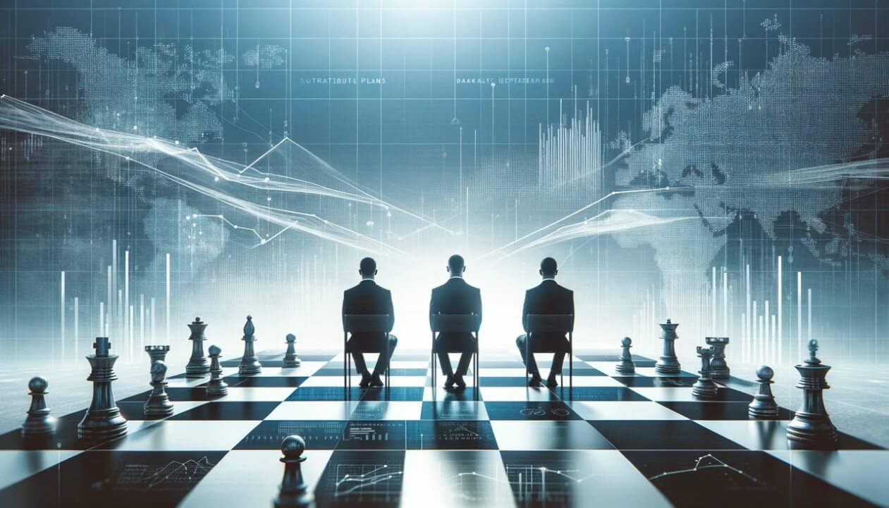 Mastering Digital Strategy: Navigating the Competitive Landscape: The image showcases two abstract representations of businesses strategically positioned across a chessboard, symbolizing their competitive analysis and strategic planning in the digital marketing landscape. Foreground elements include subtle digital motifs like graphs and binary code, emphasizing the article's focus on digital market dynamics. The background's cool blues and greys provide a clean, focused atmosphere conducive to strategic thinking.