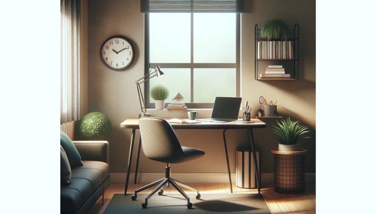 The concept of setting and maintaining professional boundaries while working remotely. The scene features a home office setup in a cozy corner with a desk, ergonomic chair, and a small plant, symbolized by natural light and a clear demarcation of work hours. This image embodies the essence of a balanced remote work environment, aligning perfectly with the topic of the article.