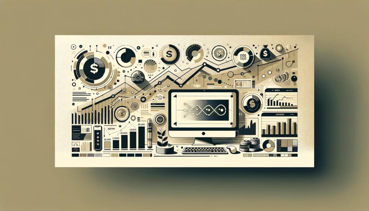 The image represent the concept of maximizing profits from digital prints in the online marketplace, using a minimalist and modern design. It subtly combines elements of digital art, e-commerce, and financial growth, creating a compelling visual narrative for artists and digital creators looking to enhance their online business presence.