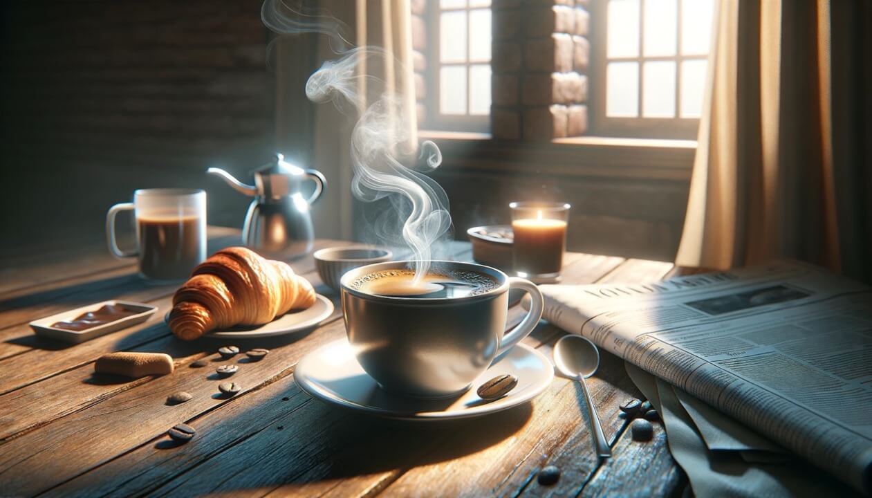 Stay Energized and Slim image of a hot steamy cup of coffee, set on a cozy wooden table in a tranquil morning setting. The elements like the newspaper and croissant add to the inviting atmosphere, perfect for a peaceful coffee break.